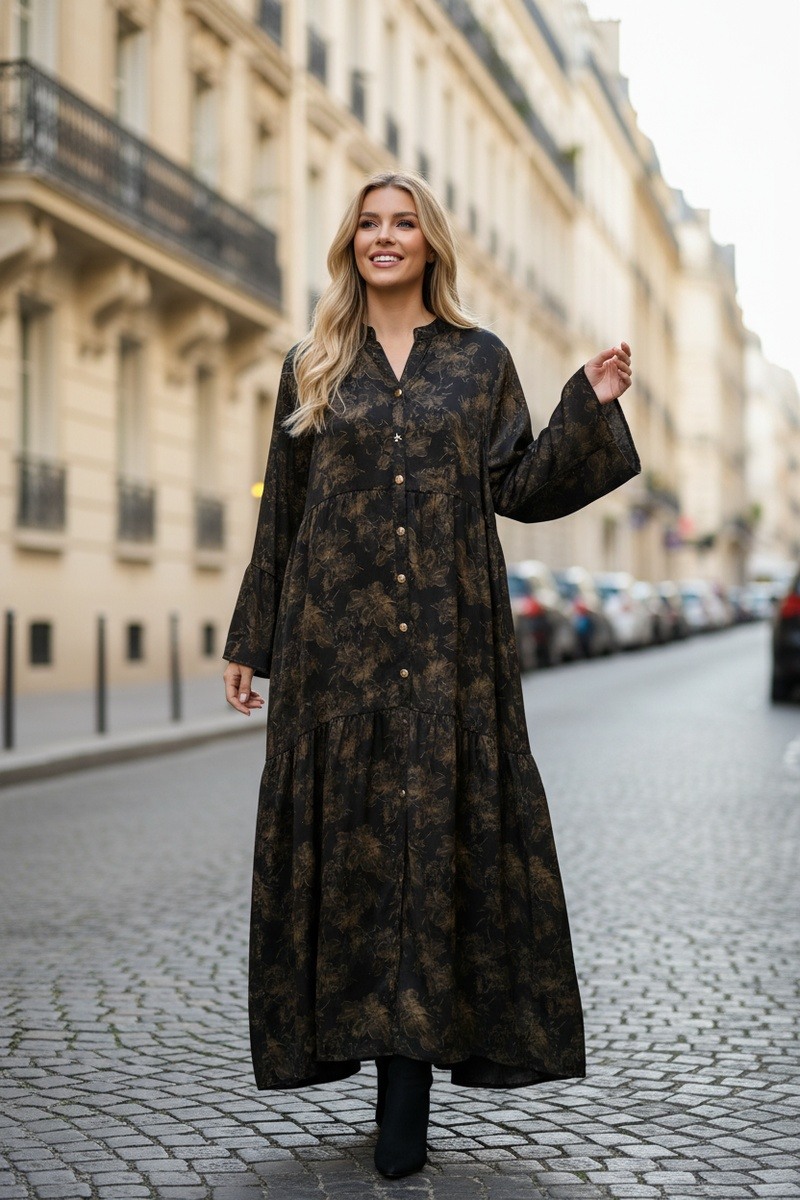 Wholesaler Lusa Mode - Long satin dress with a floral print and subtle sequined effect