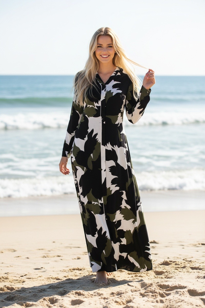 Großhändler Lusa Mode - Langes Kleid mit abstraktem Muster aus leinenähnlichem Stoff