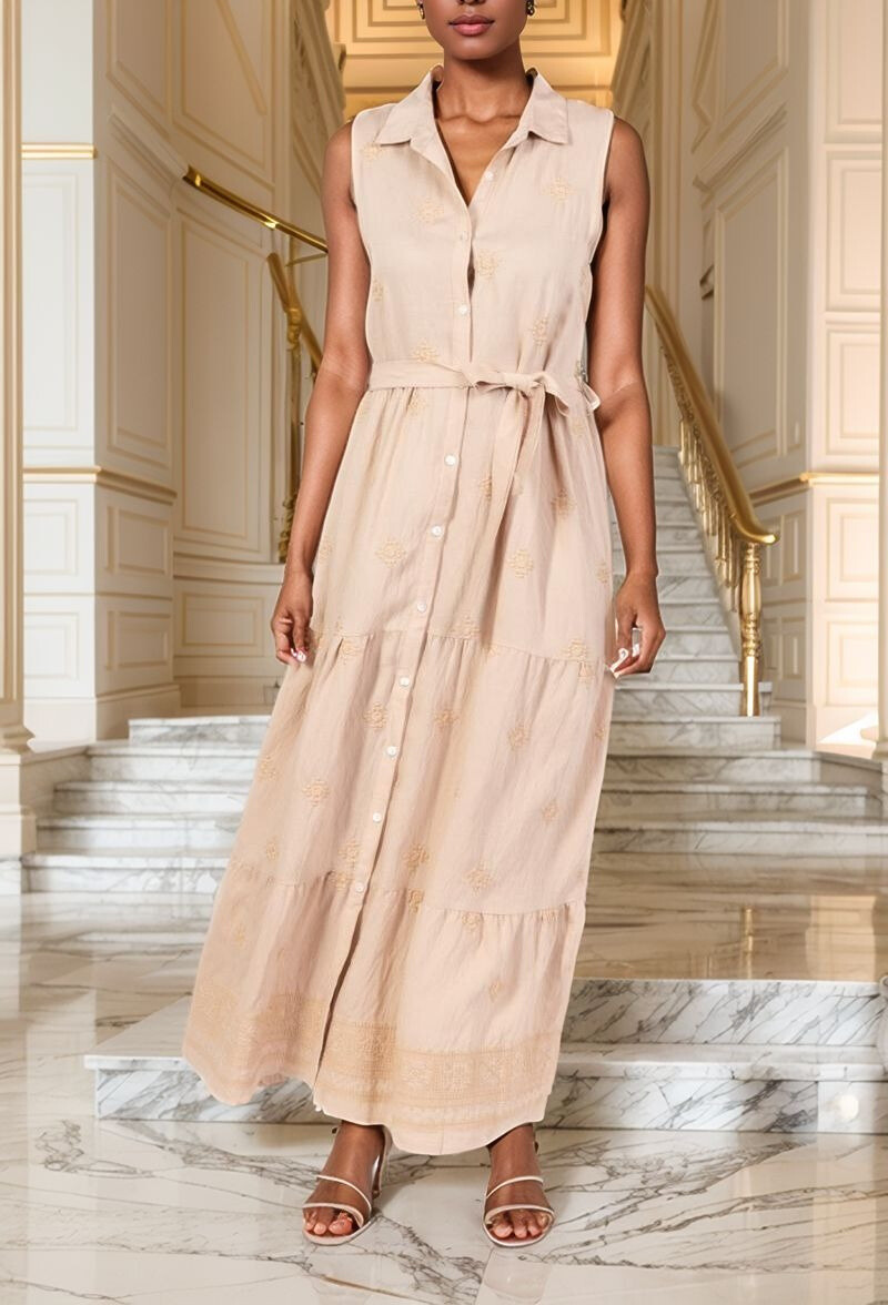 Grossiste Lusa Mode - Robe chemise avec broderie géométrique et ceinture sans manches