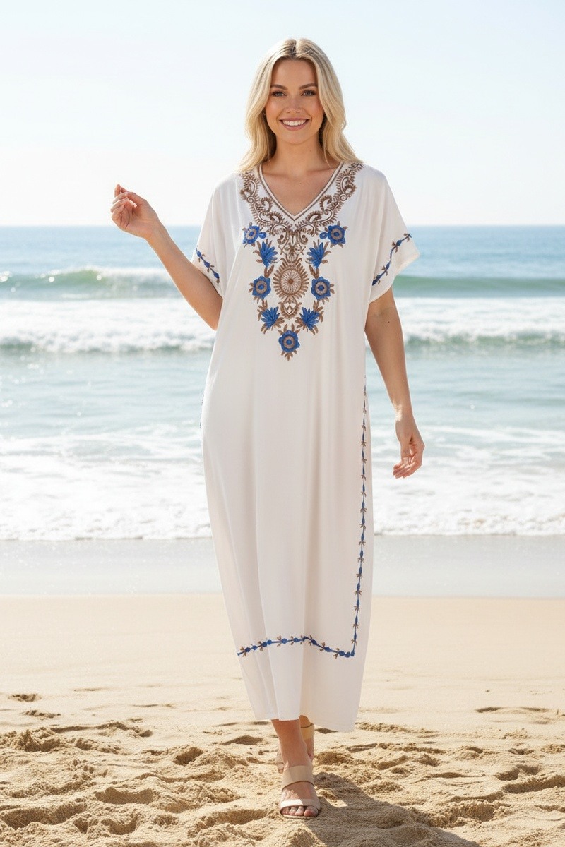 Großhändler Lusa Mode - Langes einfarbiges Gandoura-Kleid mit Blumenstickerei