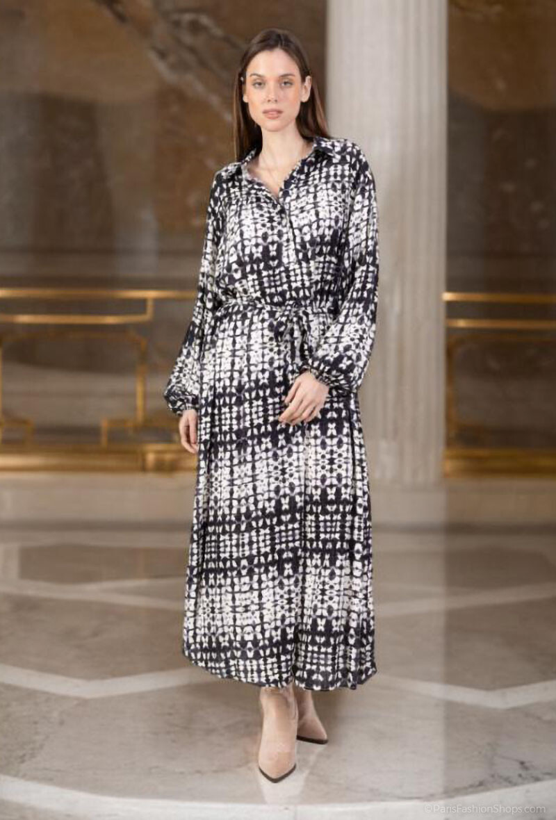 Großhändler Lusa Mode - Langes Kleid mit abstrakt bedrucktem Hemdkragen aus Lyocell-Stoff