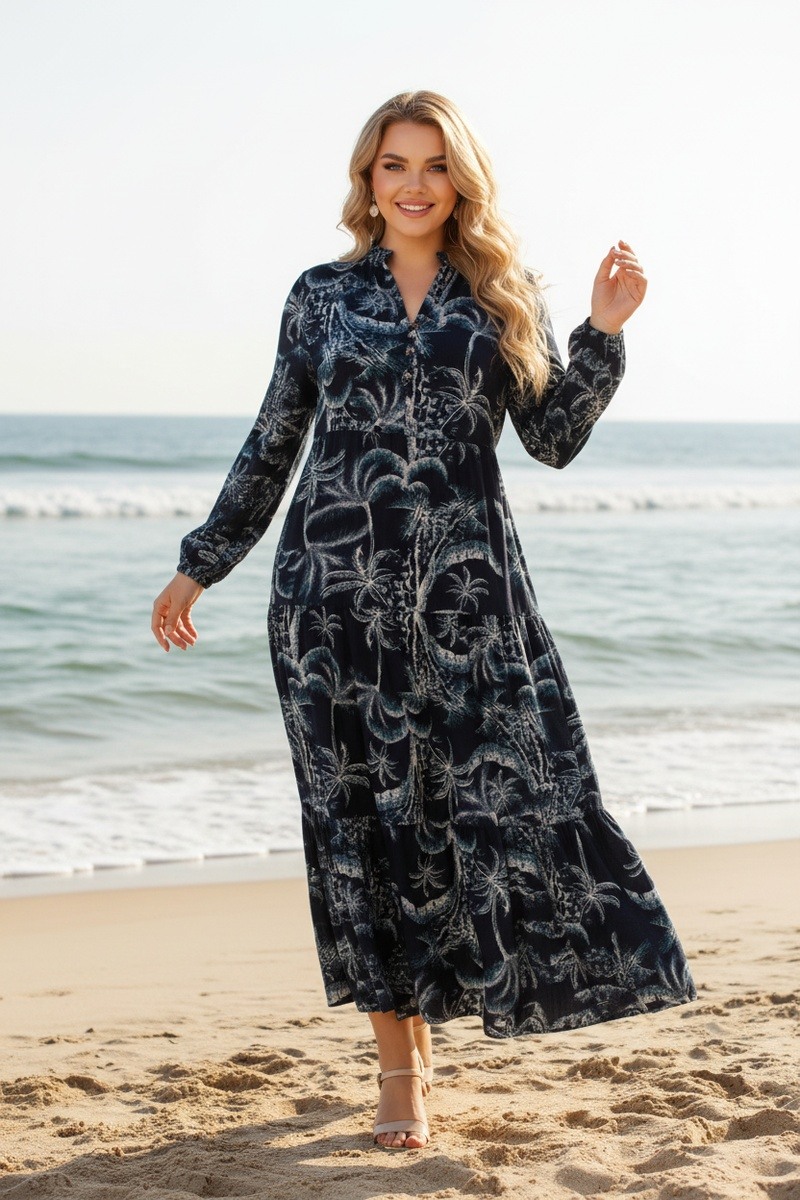 Mayorista Lusa Mode - Vestido largo Amira con estampado de palmeras