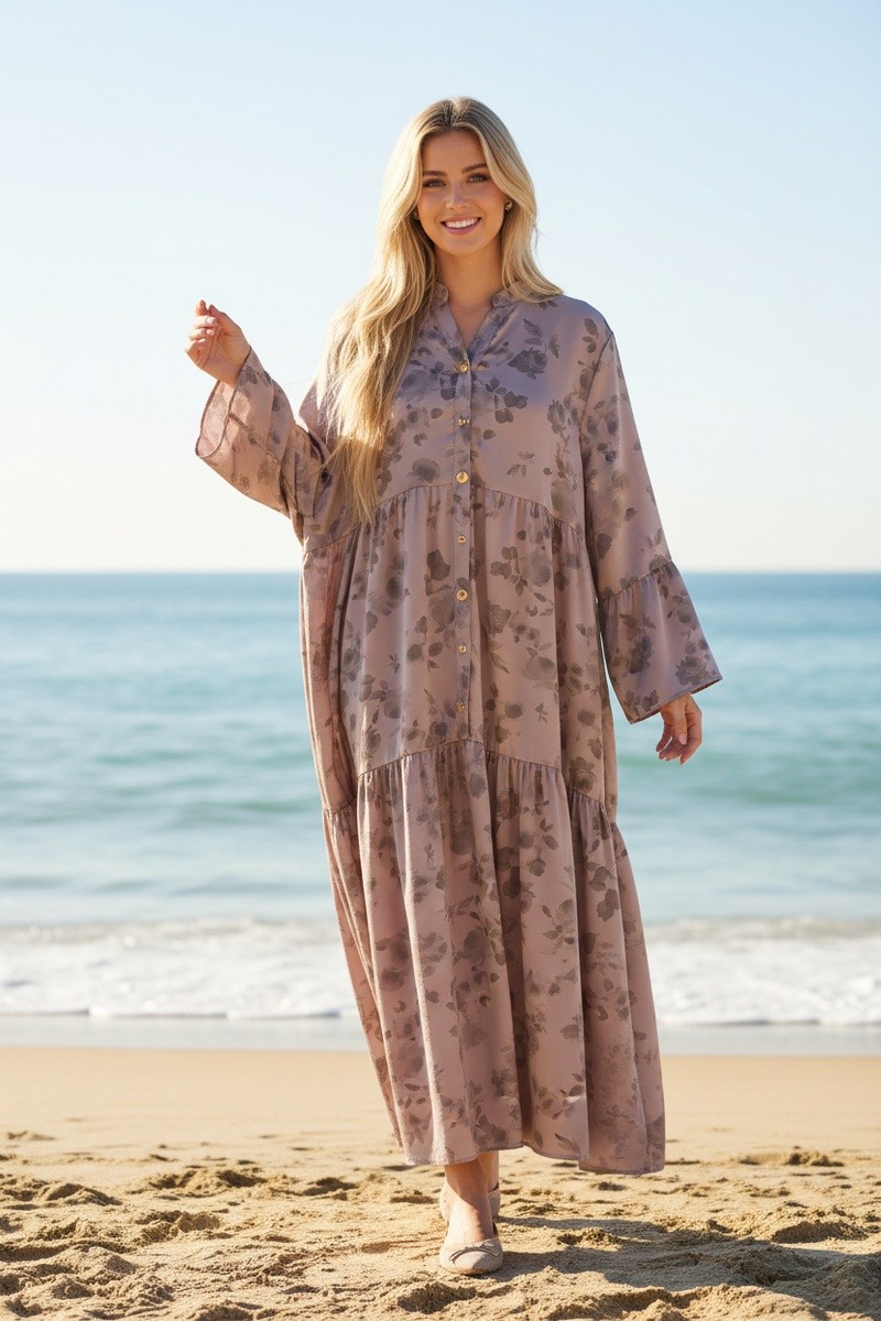 Wholesaler Lusa Mode - Long satin dress with a floral print and subtle sequined effect