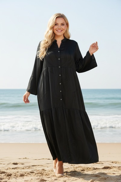 Wholesaler Lusa Mode - Long abstract print dress with silk-like fabric buttons Wholesaler Lusa Mode - Long abstract print dress with silk-like fabric buttons