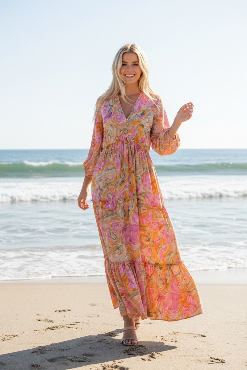 Mayorista Lusa Mode - Vestido largo estampado floral con escote en V, bolsillos y mangas 3/4