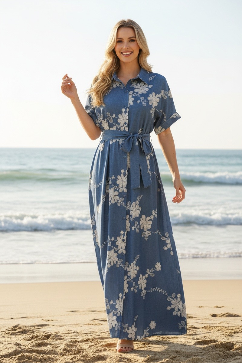 Großhändler Lusa Mode - Langes Kleid mit Knöpfen, floraler Stickerei, kurzen Ärmeln und Gürtel