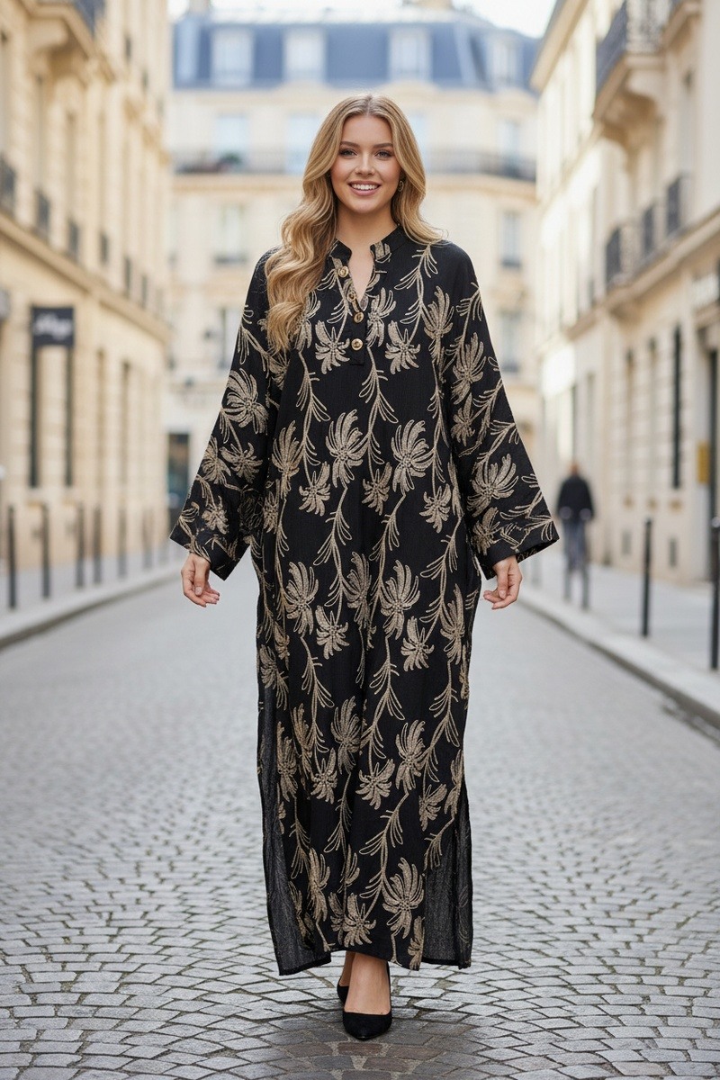 Großhändler Lusa Mode - Langes Kleid mit blumiger Stickerei und eleganten Knöpfen