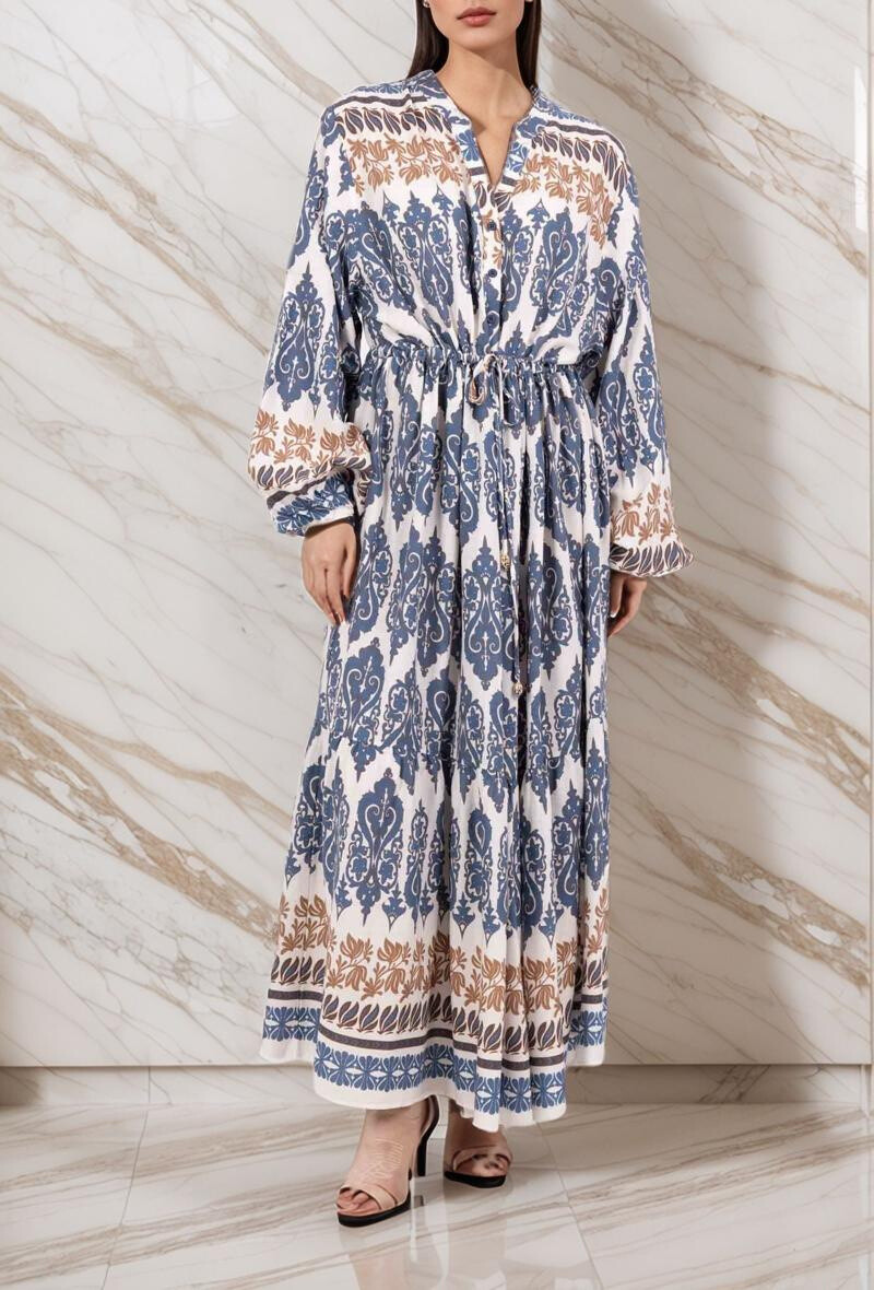Grossiste Lusa Mode - Robe longue Yasmina imprimée fleurie géométrique tissu lyocell