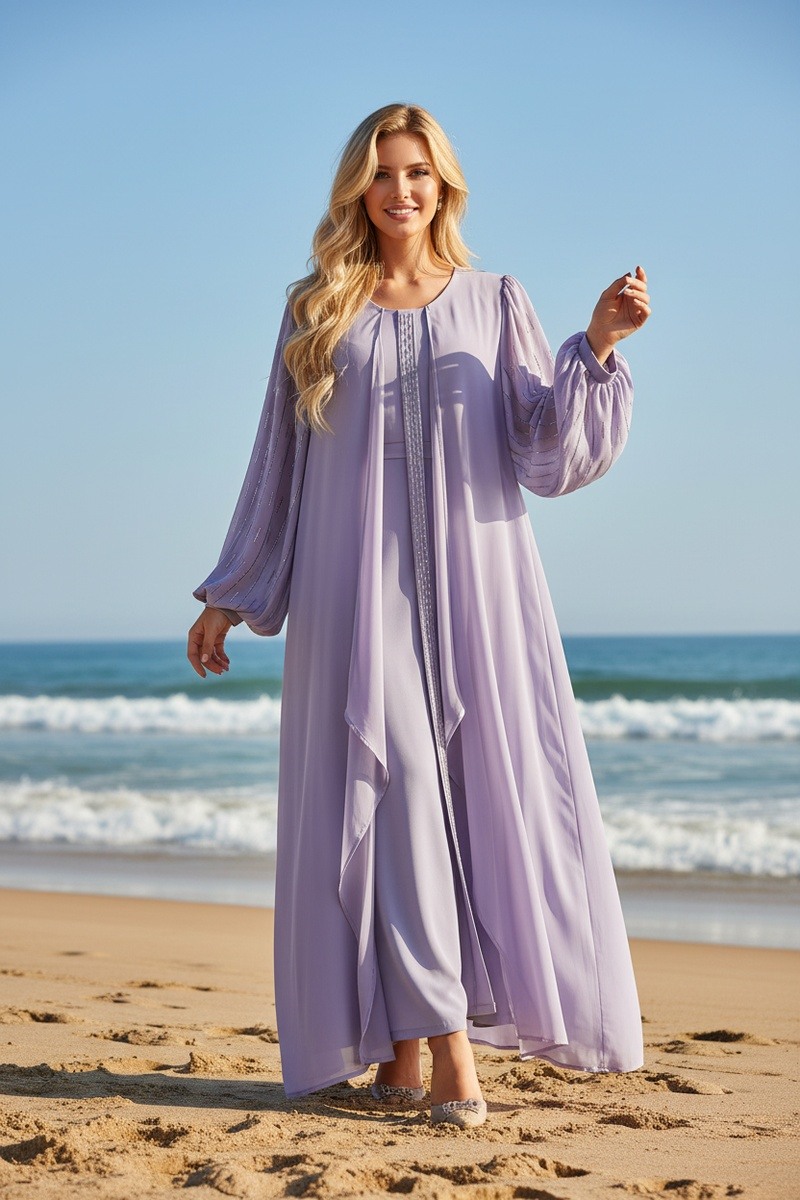 Großhändler Lusa Mode - Langes einfarbiges Chiffonkleid mit Futter und funkelnden Details