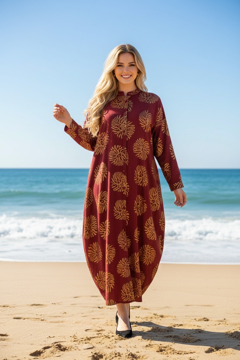 Großhändler Lusa Mode - Langes Hemdblusenkleid mit goldfarbenem Blumenmuster und besonderen Ärmeln