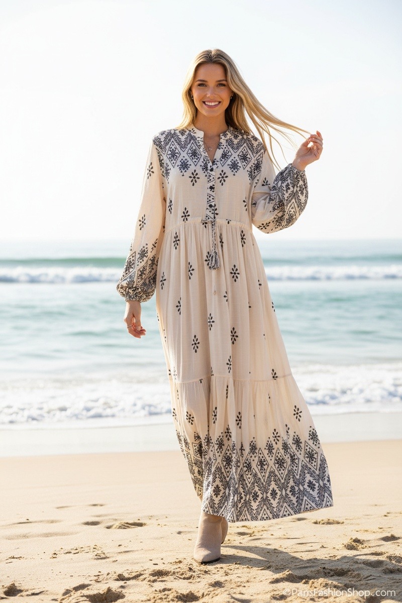 Mayorista Lusa Mode - Vestido largo Yasmina con estampado tipo bordado de tejido lyocell