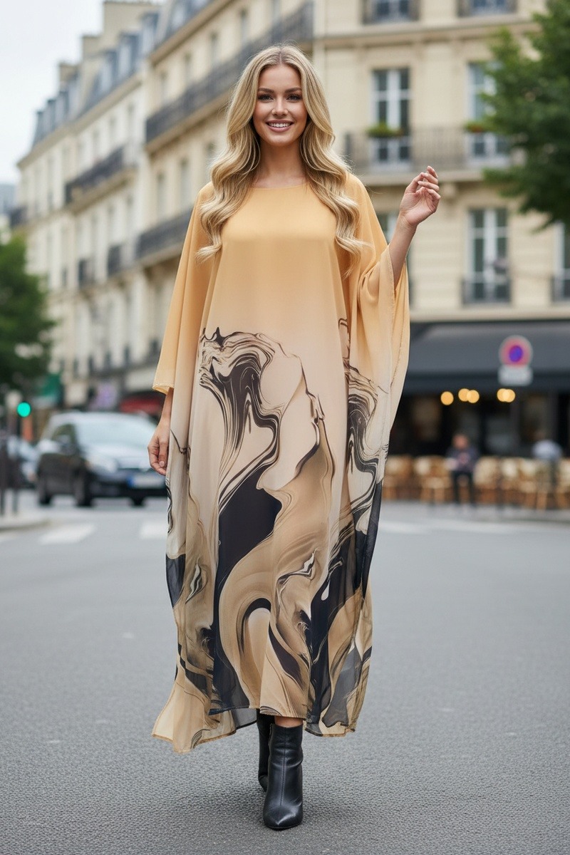 Großhändler Lusa Mode - Ärmelloses Maxikleid mit abstraktem Print aus Kreppstoff, mit Futter und Strasssteinen