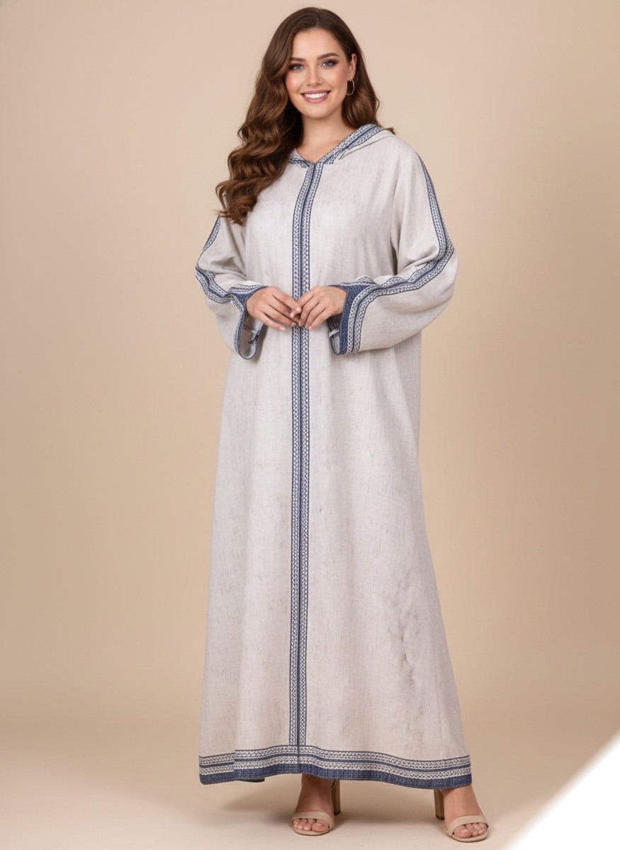 Grossista Lusa Mode - Elegante abito lungo Djellaba con cappuccio e stampa speciale con tasche