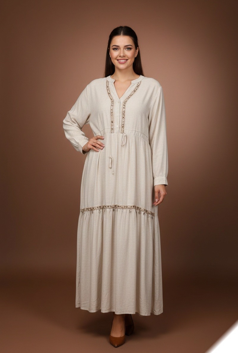 Mayorista Lusa Mode - Vestido largo bohemio de lino con cinturón ajustable y detalle de concha
