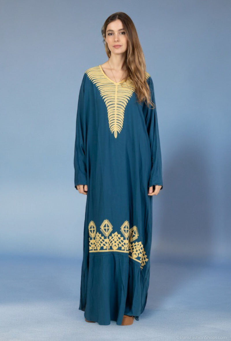 Mayorista Lusa Mode - Vestido largo liso bordado con mangas largas