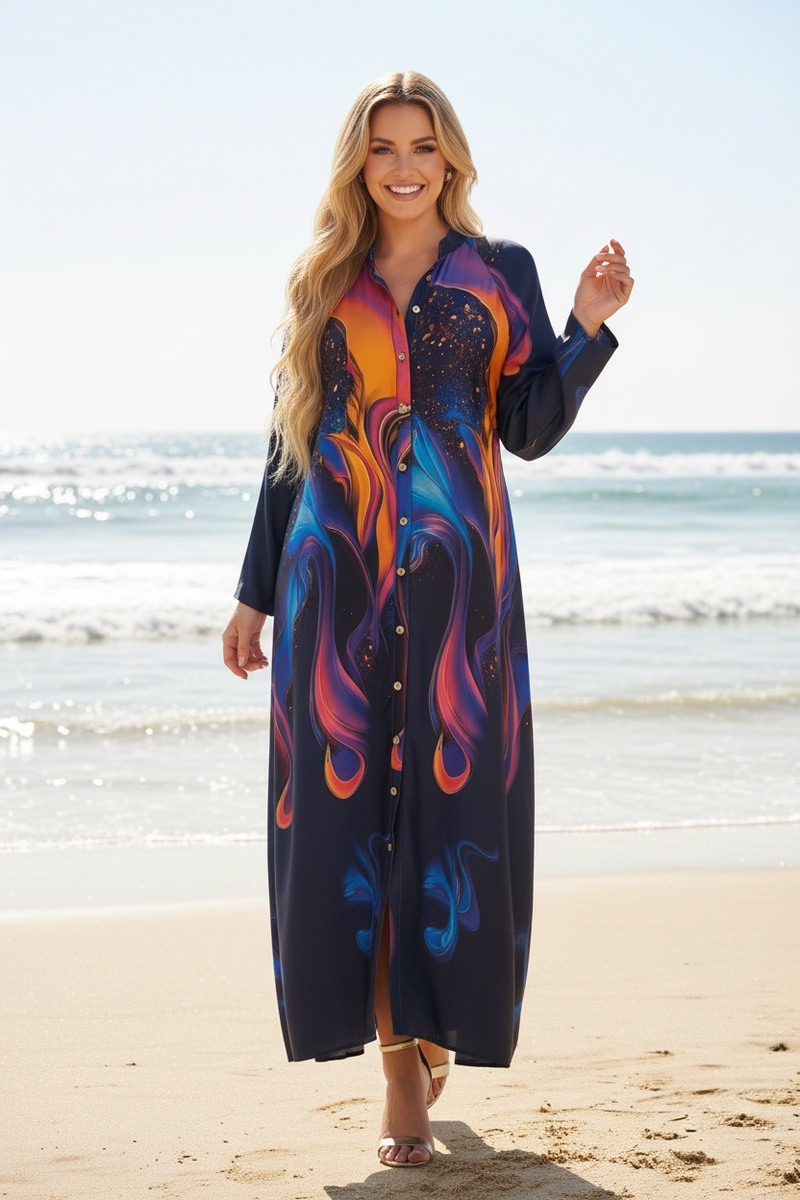 Grossiste Lusa Mode - Robe longue boutonnée imprimée abstraite tissu comme soie