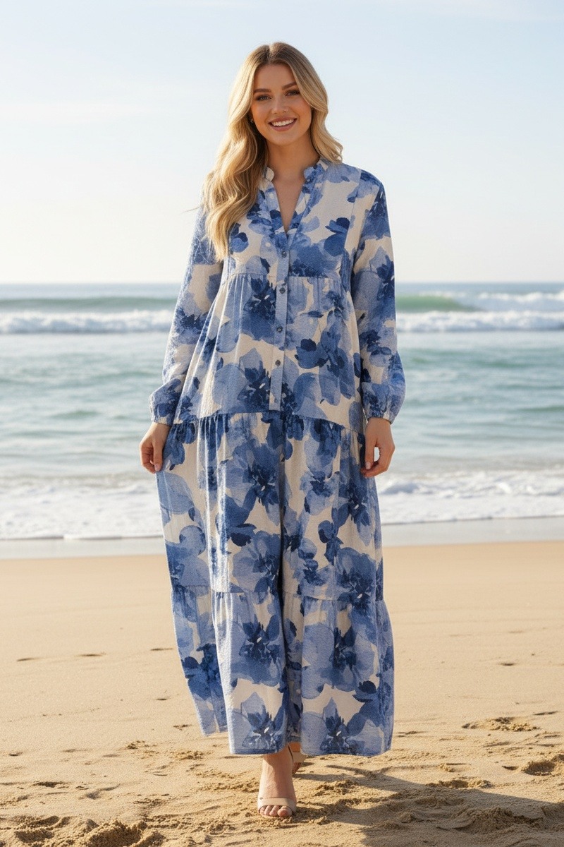 Großhändler Lusa Mode - Langes Kleid mit abstraktem Blumenmuster und Knöpfen
