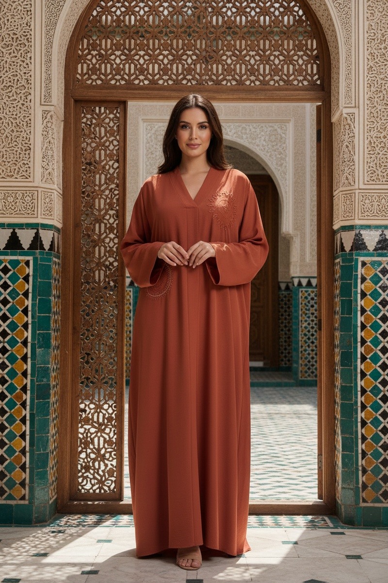 Wholesaler Lusa Mode - Long, plain abaya with rhinestone embroidery and belt