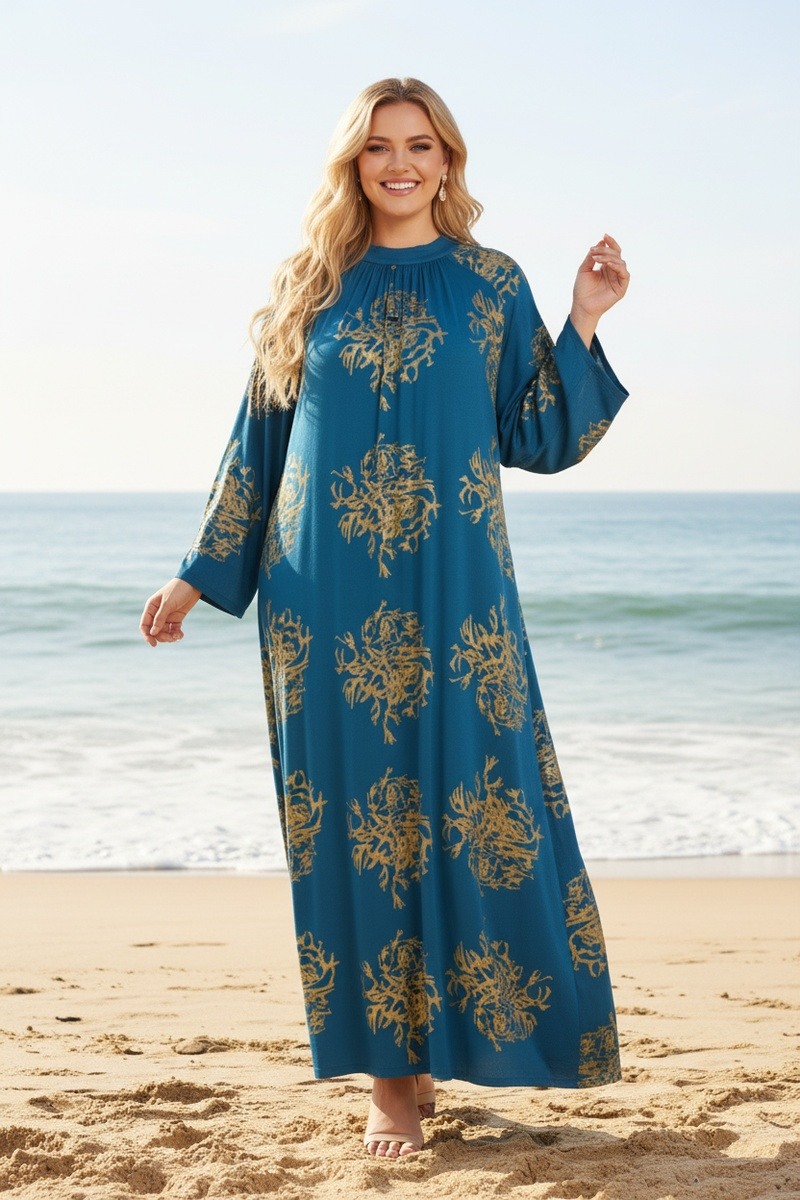 Mayorista Lusa Mode - Vestido largo con estampado floral dorado, mangas anchas y cinturón