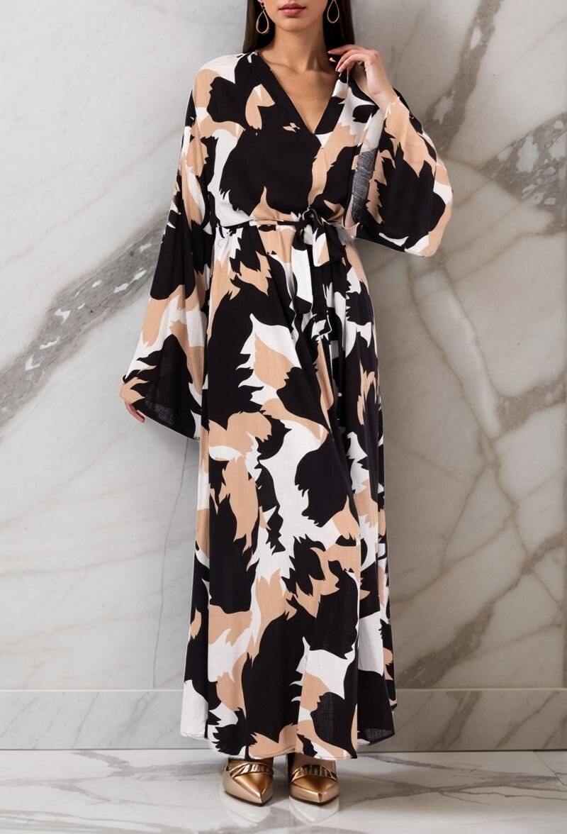 Großhändler Lusa Mode - Langes Kleid mit abstraktem Druck aus leinenähnlichem Stoff