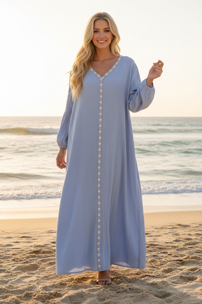 Großhändler Lusa Mode - Langes schlichtes Kleid mit Blumenstickerei und leinenartigem Stoff
