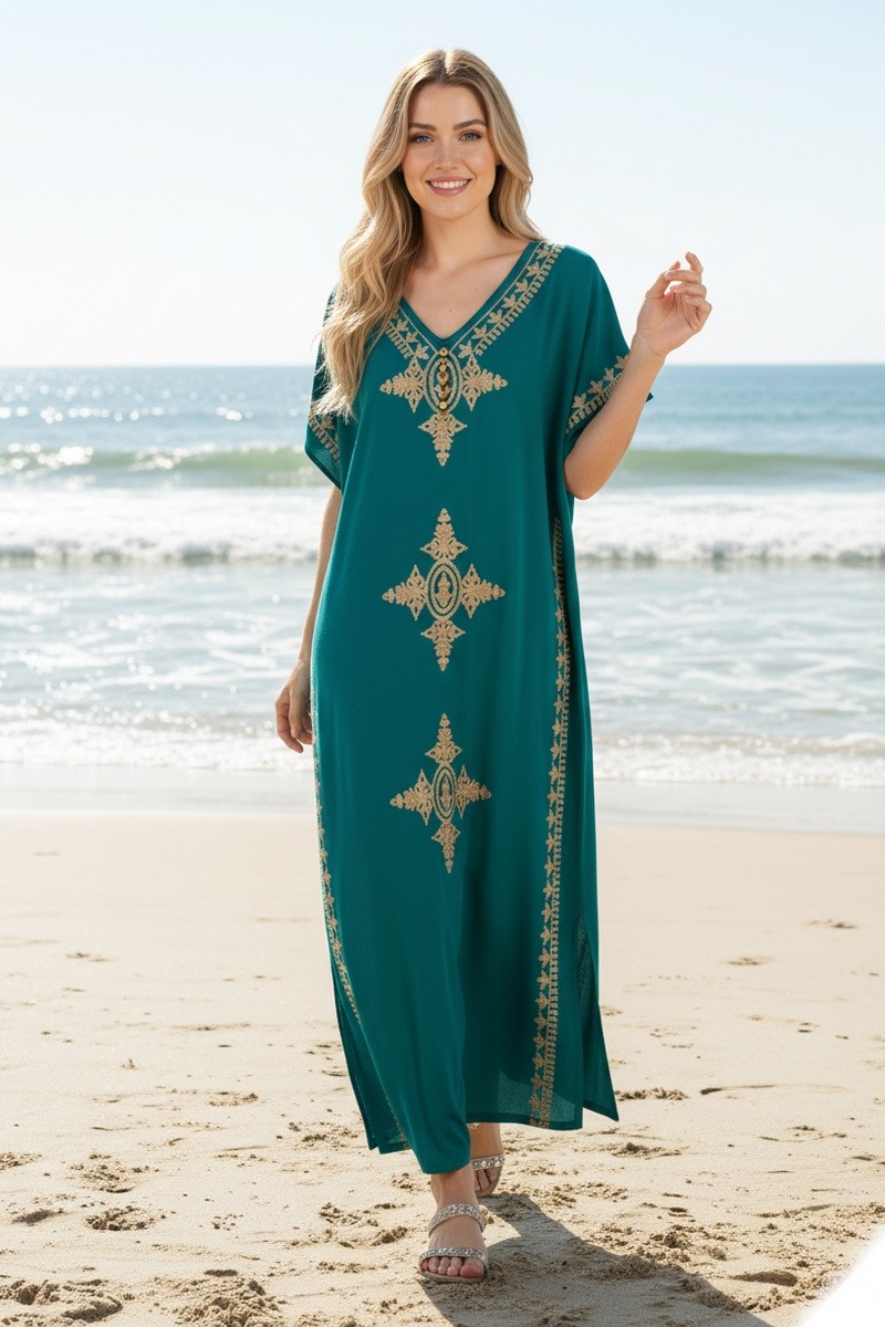 Großhändler Lusa Mode - Langes einfarbiges Gandoura-Kleid mit Blumenstickerei