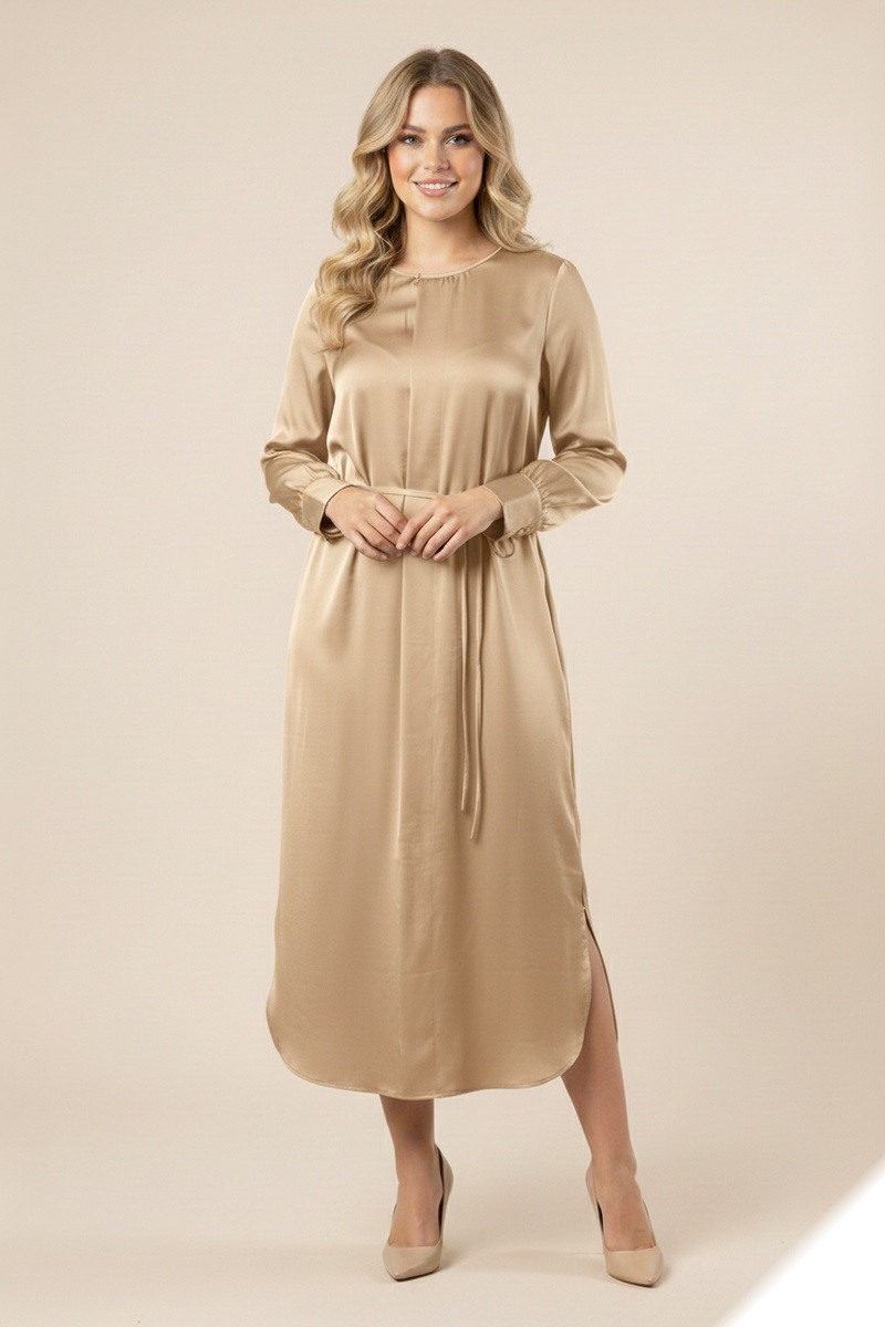 Mayorista Lusa Mode - Vestido satinado elegante y liso con cinturón