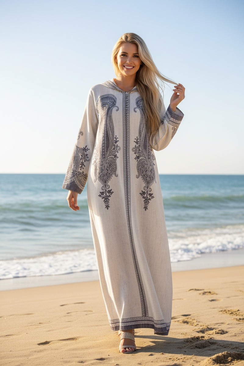 Mayorista Lusa Mode - Vestido largo de djellaba con capucha, estampado especial elegante con pedrería y bolsillos