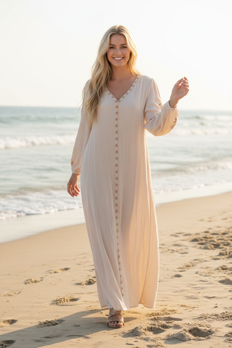 Grossiste Lusa Mode - Robe longue unie broderie fleurie tissu comme lin