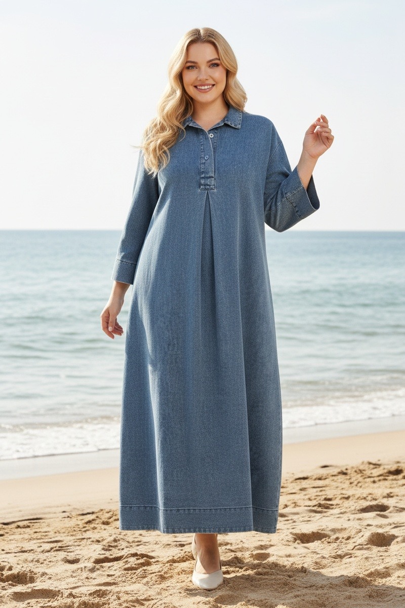 Großhändler Lusa Mode - Premium Denim-Maxikleid mit Hemdkragen