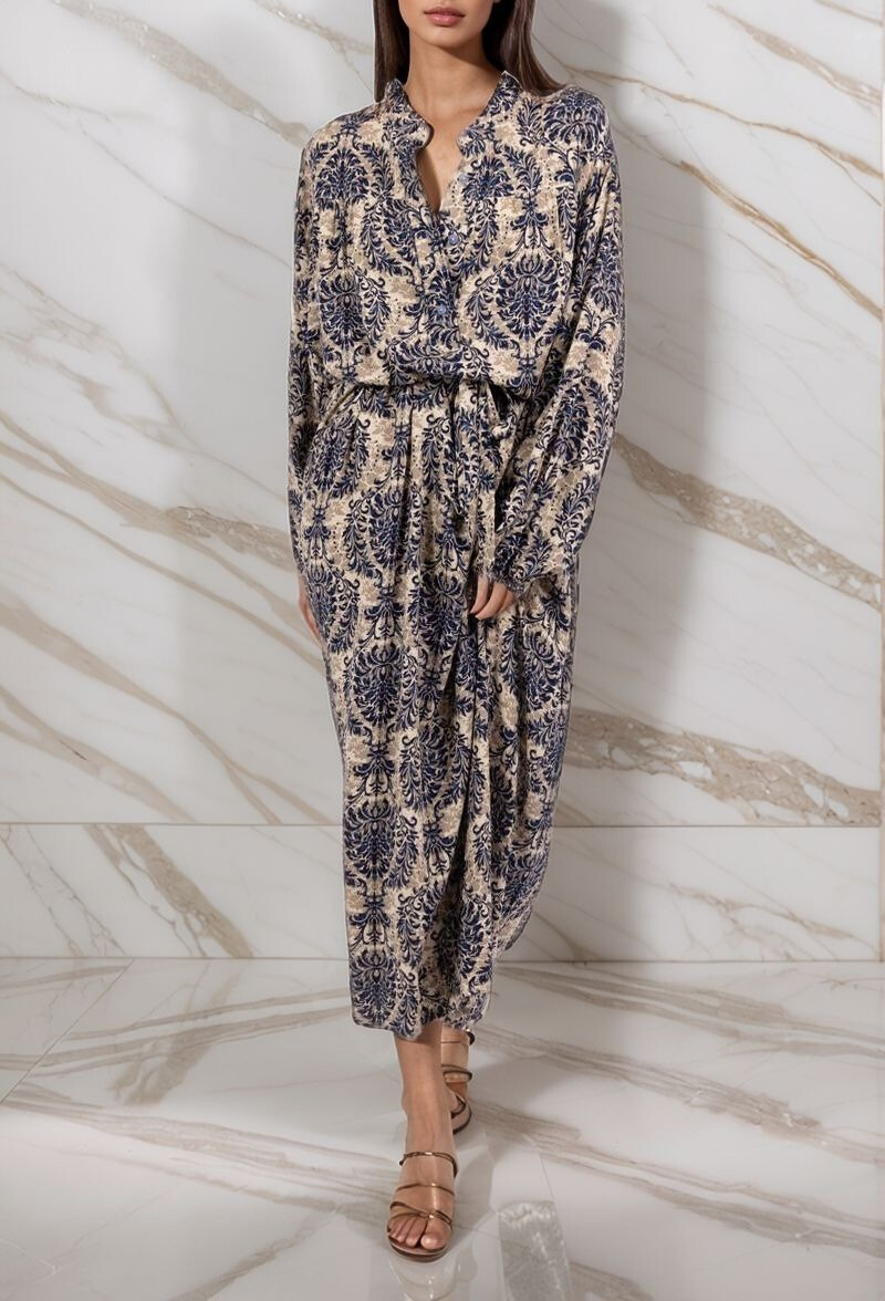 Grossiste Lusa Mode - Robe longue imprimée fleurie géométrique avec ceinture