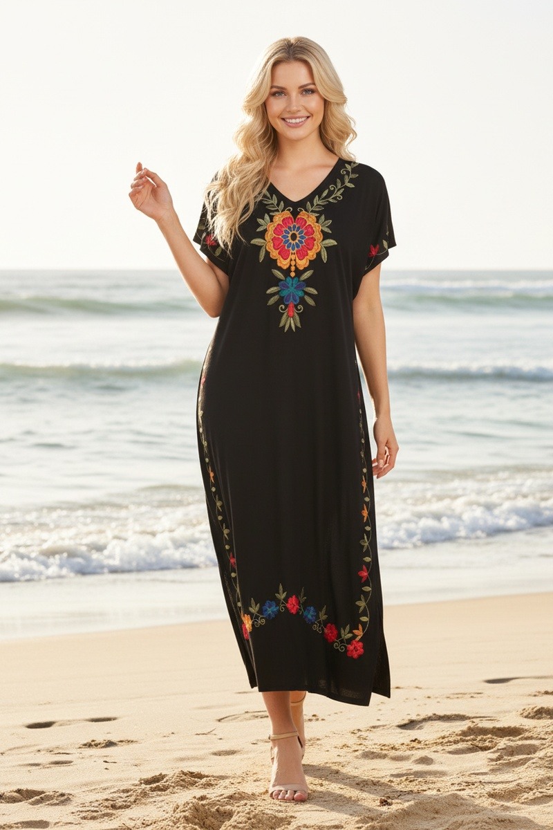 Großhändler Lusa Mode - Langes einfarbiges Gandoura-Kleid mit Blumenstickerei