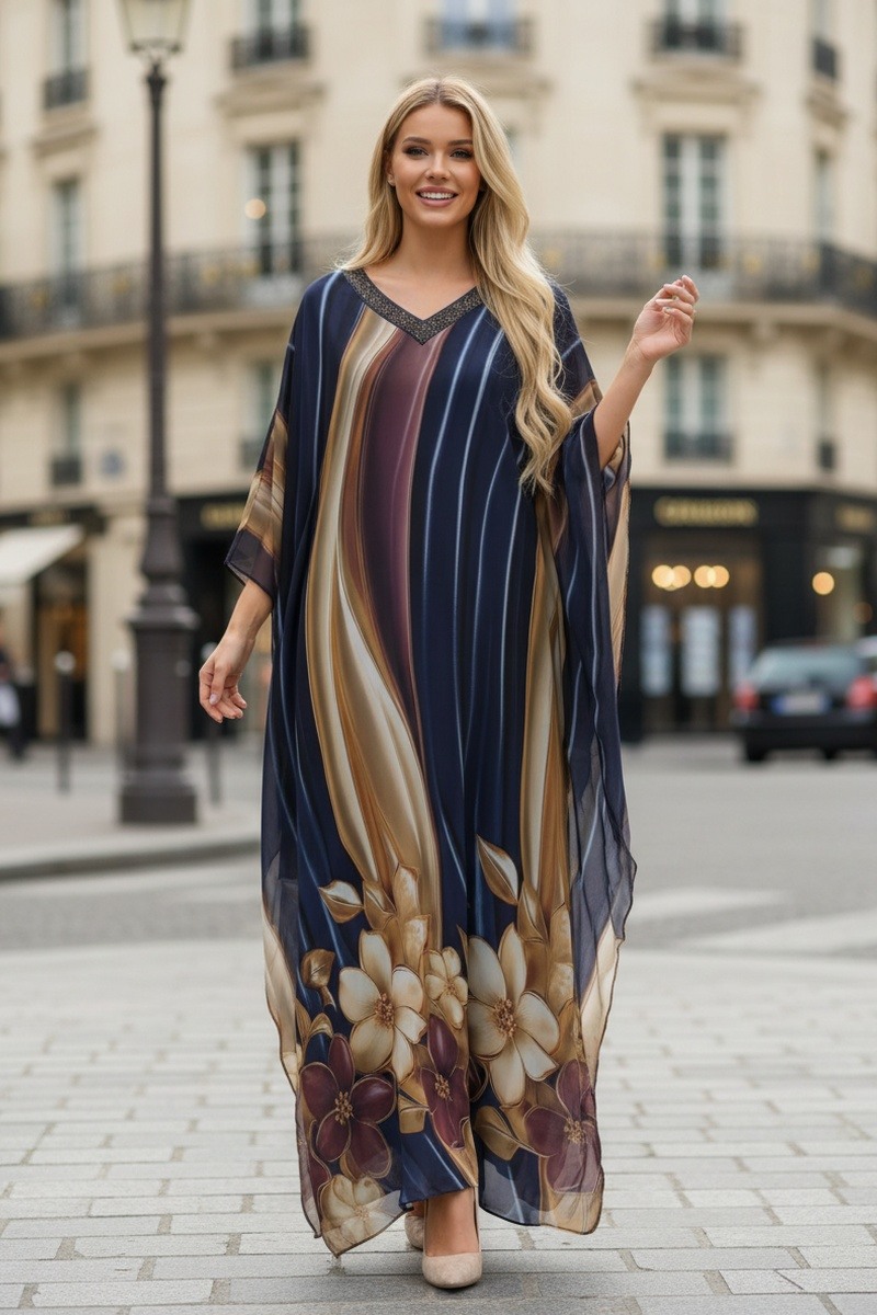 Großhändler Lusa Mode - Langes Kleid mit abstraktem Print aus Kreppstoff, ärmellos, mit Futter und Strass