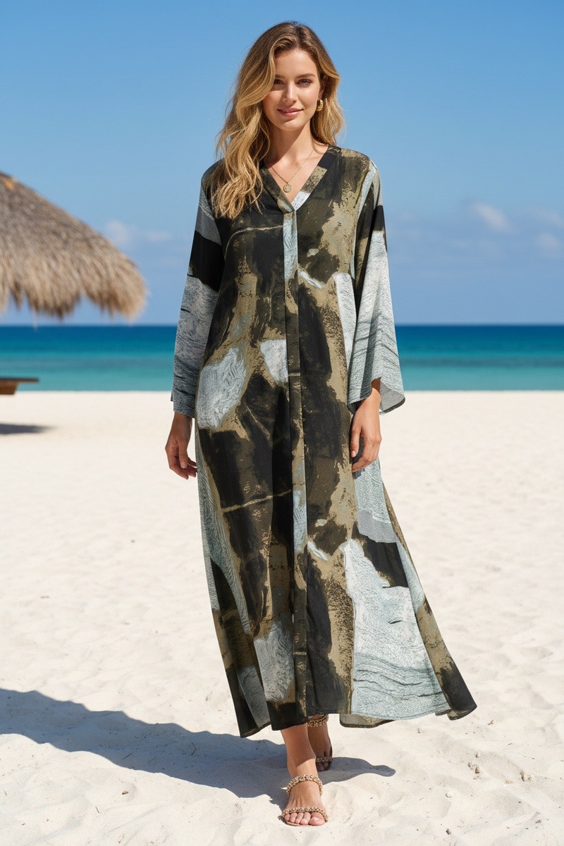 Grossiste Lusa Mode - Robe longue imprimée abstraite satinée avec ceinture