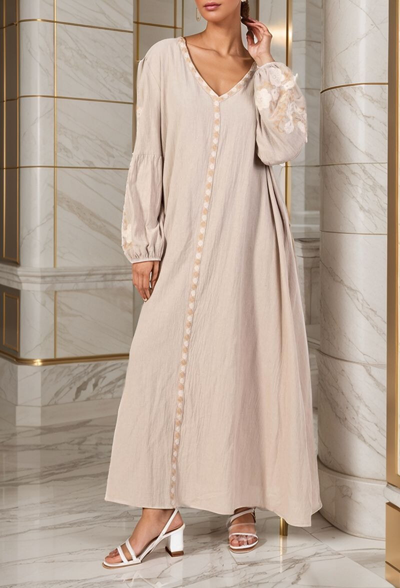 Großhändler Lusa Mode - Langes Kleid unie Stickereiblüten Stoff als Leinen
