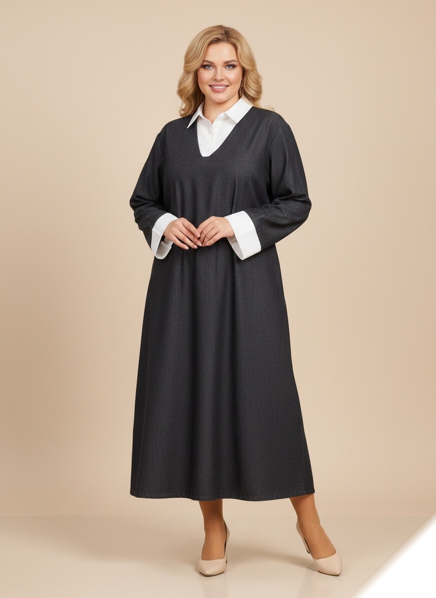 Großhändler Lusa Mode - Premium Denim-Maxikleid mit integriertem Hemdkragen und Ärmeln