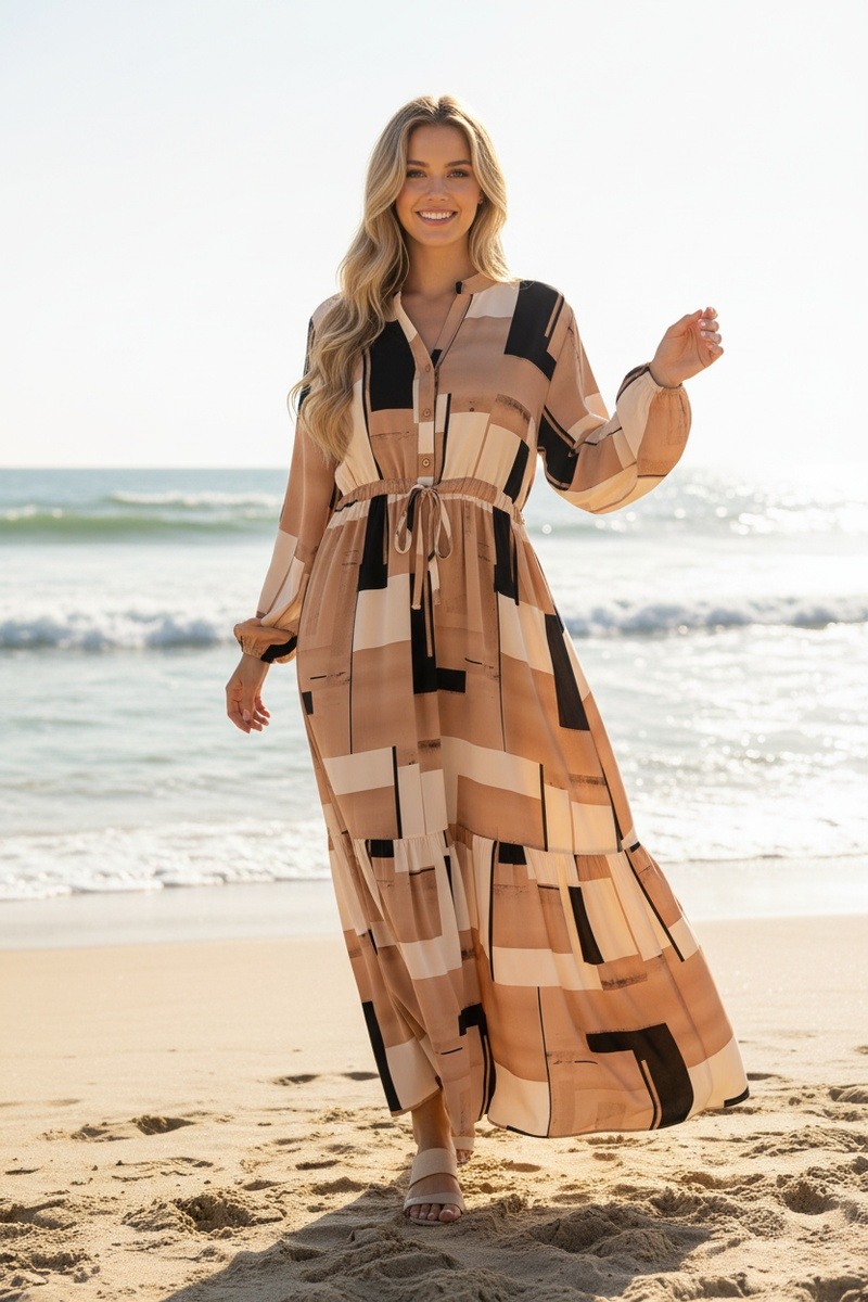 Mayorista Lusa Mode - Vestido largo con estampado geométrico y mangas largas