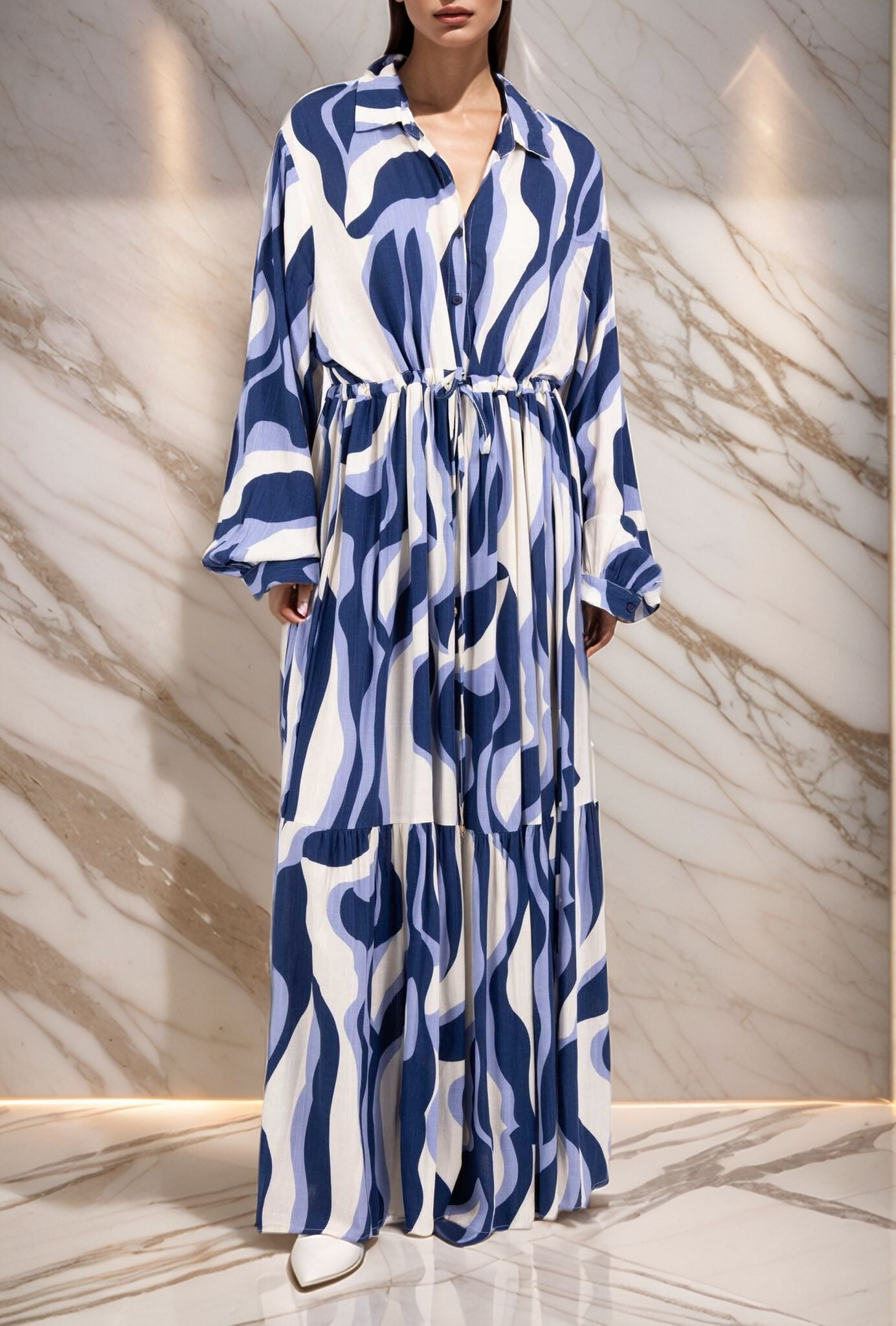 Wholesaler Lusa Mode - Abstract printed long dress shirt collar lyocell fabric