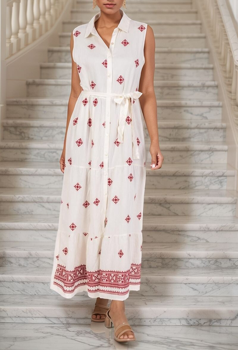 Großhändler Lusa Mode - Hemdkleid mit geometrischer Stickerei und ärmelloses Gürtel