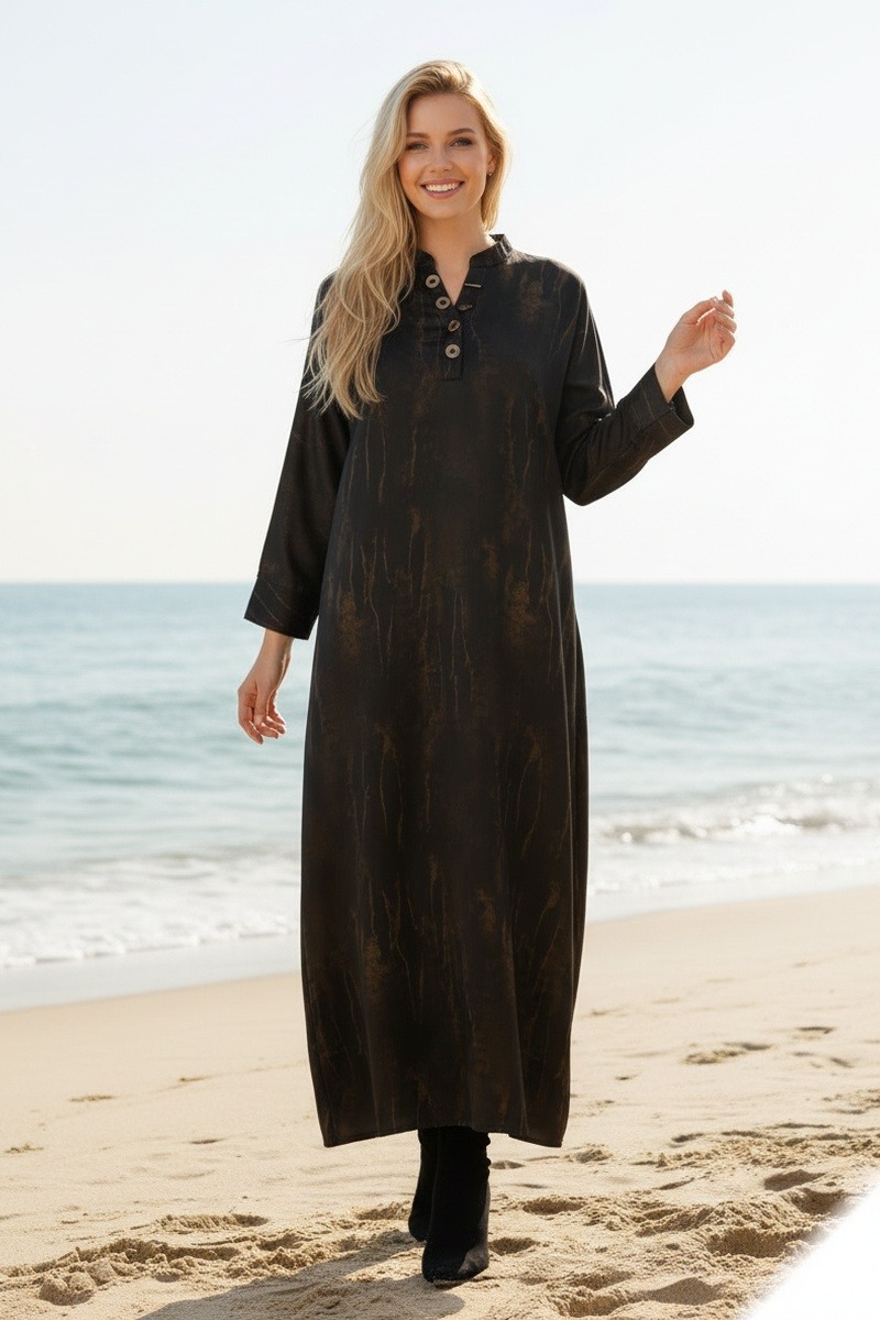 Großhändler Lusa Mode - Langes Kleid mit abstraktem Print und strukturiertem Stoff, sehr angenehm zu berühren