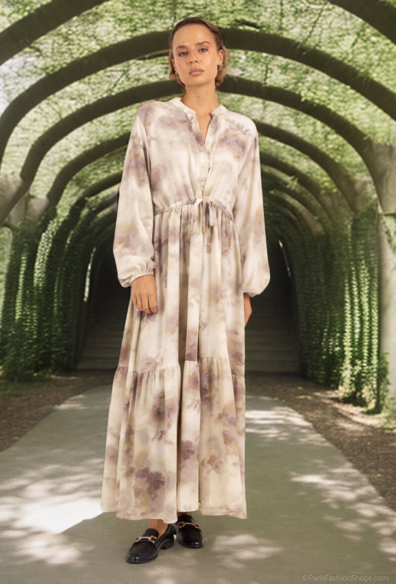 Großhändler Lusa Mode - Langes Kleid mit abstraktem Druck und langen Ärmeln