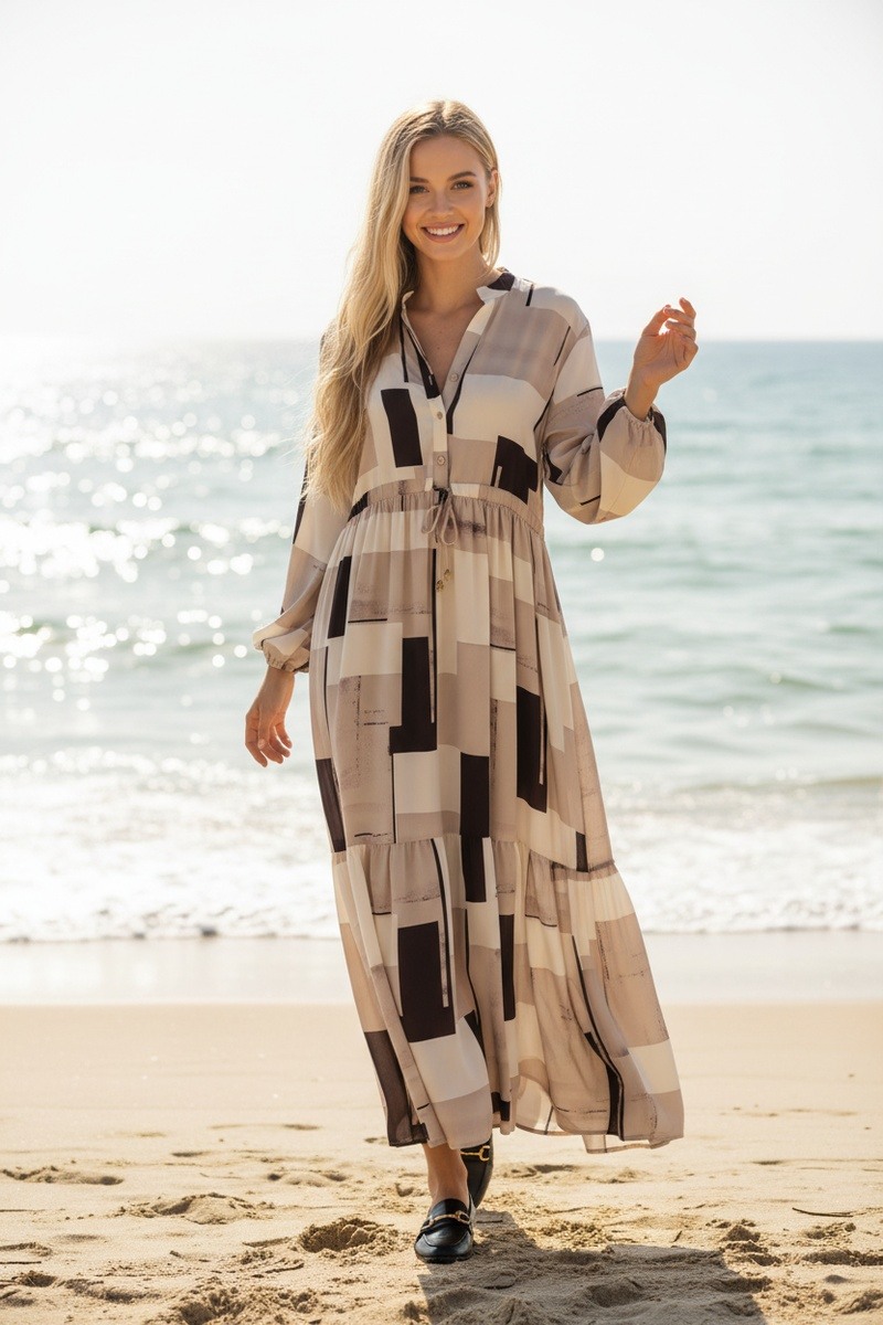 Mayorista Lusa Mode - Vestido largo con estampado geométrico y mangas largas