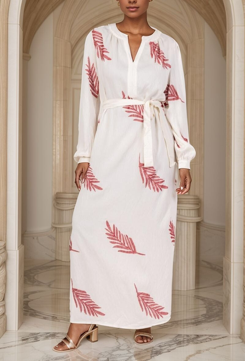 Grossiste Lusa Mode - Robe longue broderie feuillage avec ceinture