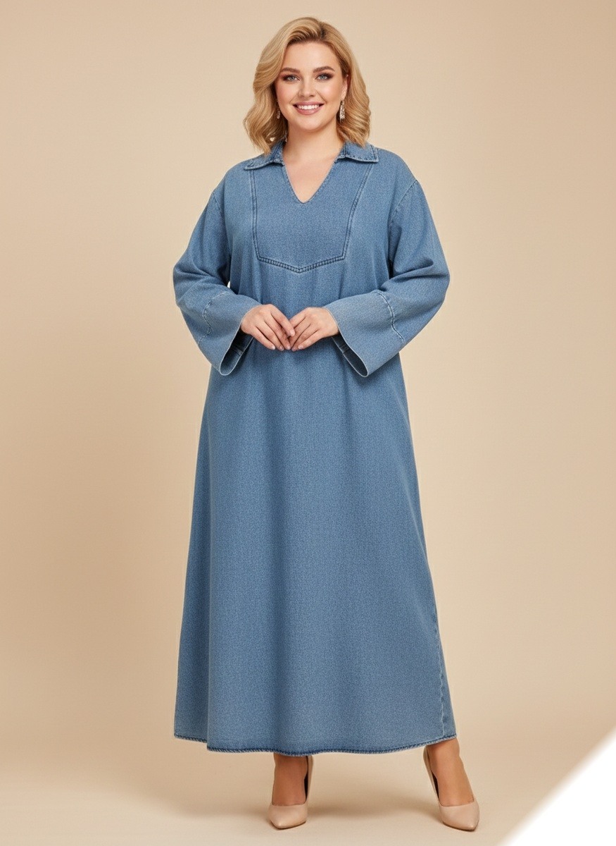 Grossista Lusa Mode - Abito maxi in denim premium con un colletto unico