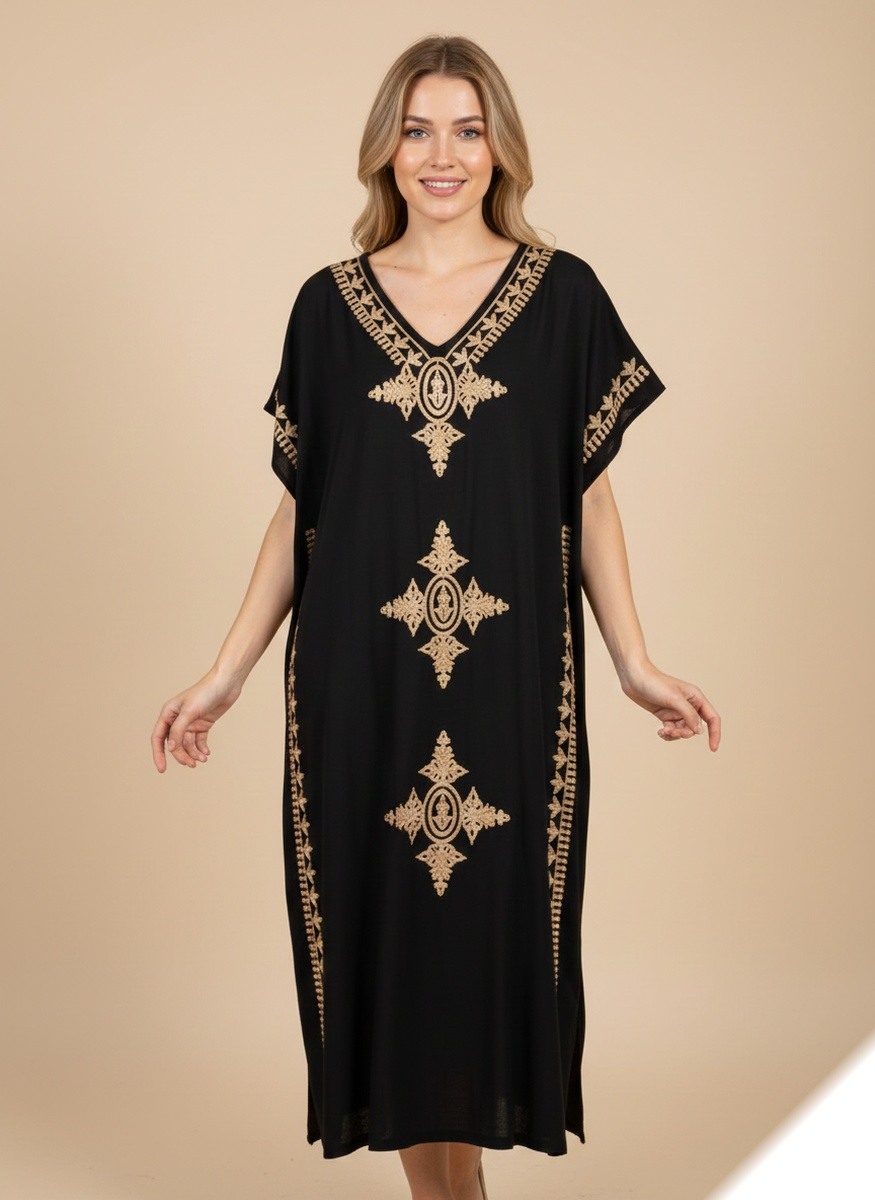 Grossiste Lusa Mode - Robe longue unie gandoura avec broderie fleurie