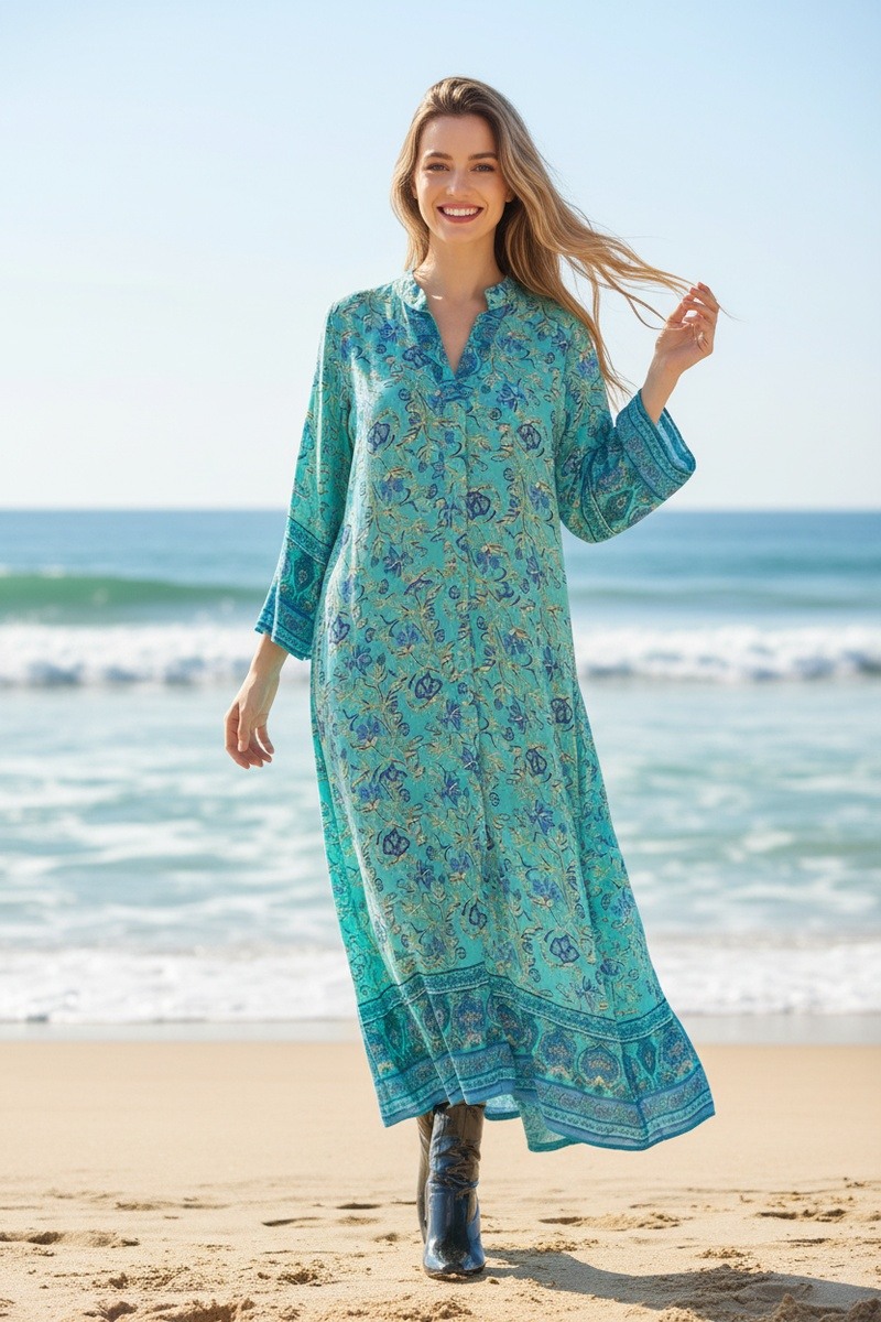 Grossiste Lusa Mode - Robe bohème mi-longue en coton, manches mi-longues, col officier