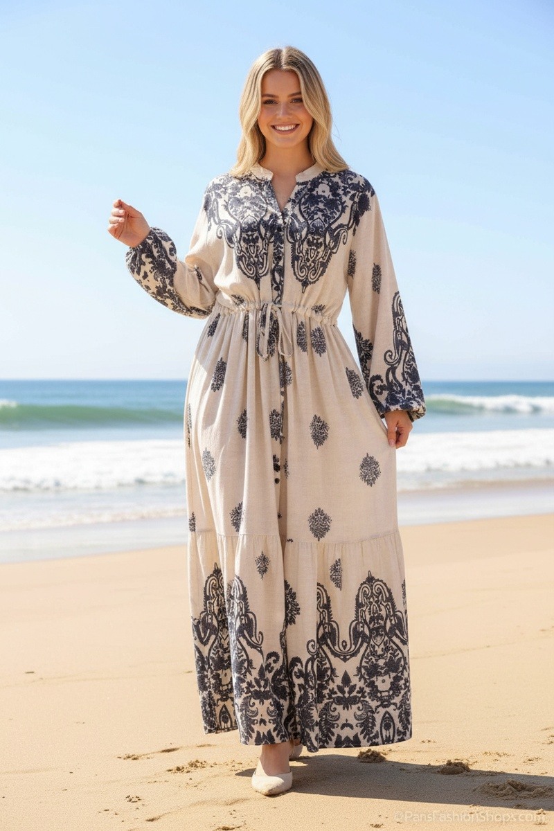 Großhändler Lusa Mode - Langes Yasmina-Kleid mit geometrischem Blumenmuster aus Lyocell-Stoff