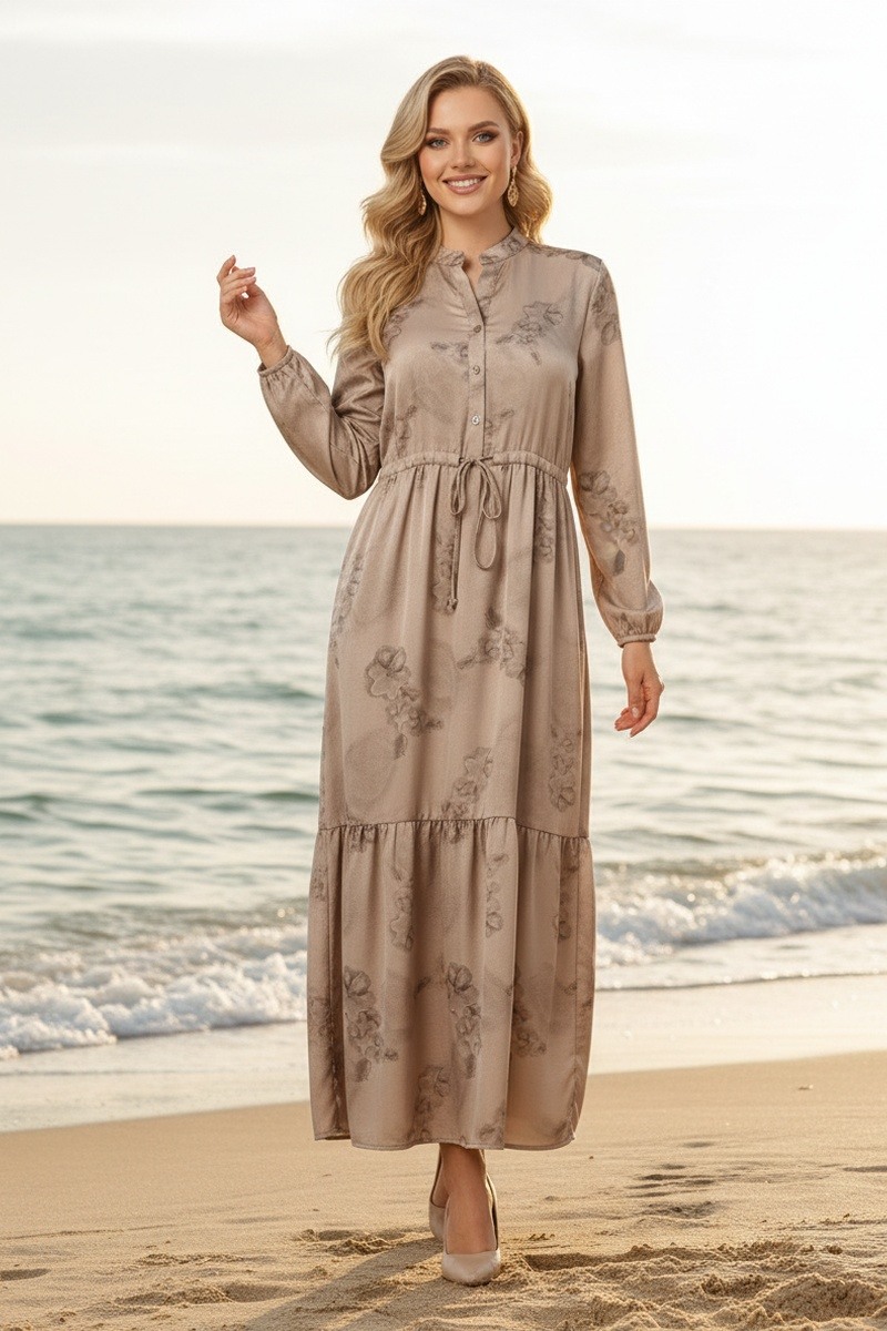 Großhändler Lusa Mode - Langes Kleid mit erhabenem Blumenmuster und verstellbarem Gürtel