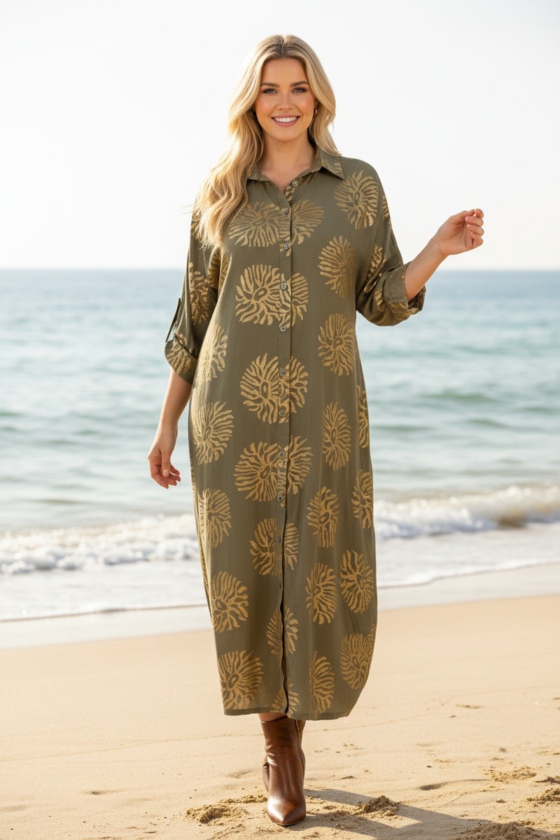 Mayorista Lusa Mode - Vestido camisero largo con estampado floral dorado y mangas arremangables