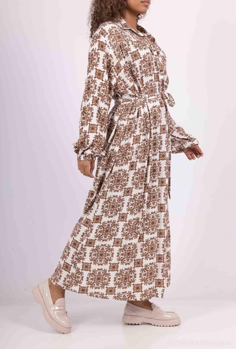 Grossista Lusa Mode - Abito stampato floreale geometrico lungo con camicia e colletto a cintura